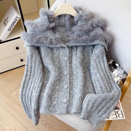 FA45372# 羊驼毛衣设计感海军领麻花软糯针织衫女开衫加厚毛领外套上衣 服裝批發女裝批發服飾貨源