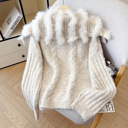 FA45372# 羊驼毛衣设计感海军领麻花软糯针织衫女开衫加厚毛领外套上衣 服裝批發女裝批發服飾貨源