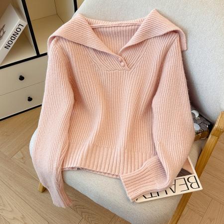 FA45373# 秋冬新款复古海军领针织衫女韩式百搭设计感翻领毛衣上衣 服裝批發女裝批發服飾貨源