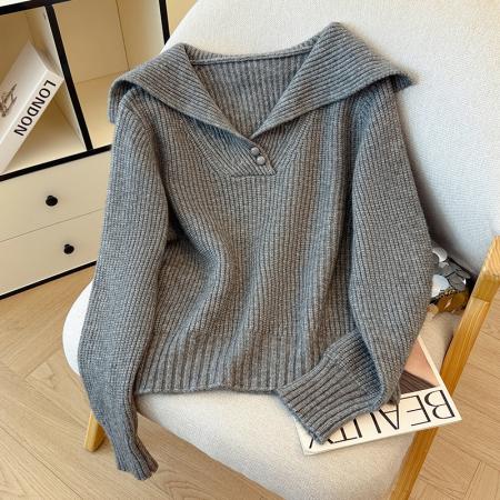 FA45373# 秋冬新款复古海军领针织衫女韩式百搭设计感翻领毛衣上衣 服裝批發女裝批發服飾貨源