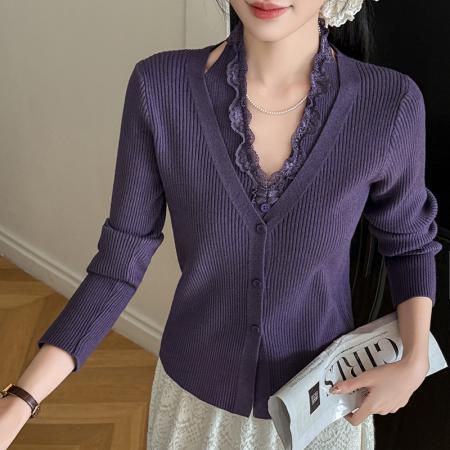 FA45374# 秋冬长袖毛衣花边挂脖假两件v领针织衫女排扣打底衫内搭外穿 服裝批發女裝批發服飾貨源