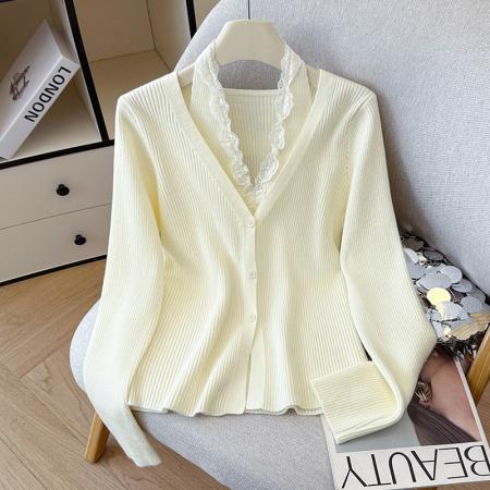 FA45374# 秋冬长袖毛衣花边挂脖假两件v领针织衫女排扣打底衫内搭外穿 服裝批發女裝批發服飾貨源