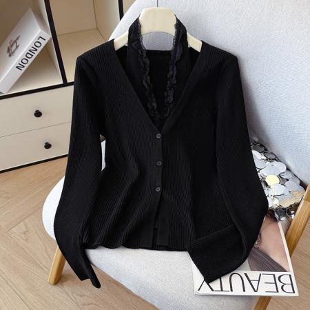 FA45374# 秋冬长袖毛衣花边挂脖假两件v领针织衫女排扣打底衫内搭外穿 服裝批發女裝批發服飾貨源