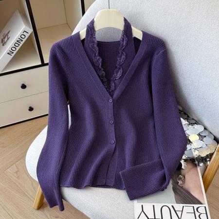 FA45374# 秋冬长袖毛衣花边挂脖假两件v领针织衫女排扣打底衫内搭外穿 服裝批發女裝批發服飾貨源