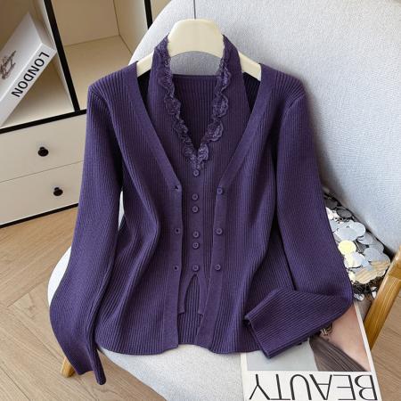 FA45374# 秋冬长袖毛衣花边挂脖假两件v领针织衫女排扣打底衫内搭外穿 服裝批發女裝批發服飾貨源