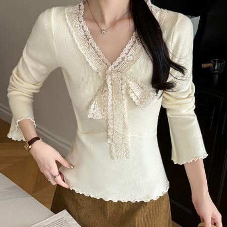 FA45375# 秋冬长袖毛衣花边v领洋气针织衫女蕾丝蝴蝶结打底衫内搭外穿 服裝批發女裝批發服飾貨源