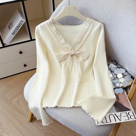 FA45375# 秋冬长袖毛衣花边v领洋气针织衫女蕾丝蝴蝶结打底衫内搭外穿 服裝批發女裝批發服飾貨源