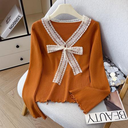 FA45375# 秋冬长袖毛衣花边v领洋气针织衫女蕾丝蝴蝶结打底衫内搭外穿 服裝批發女裝批發服飾貨源