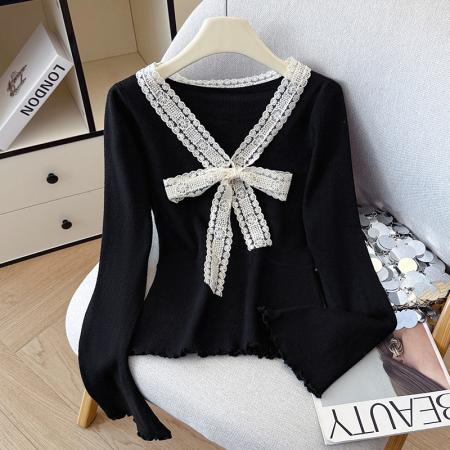 FA45375# 秋冬长袖毛衣花边v领洋气针织衫女蕾丝蝴蝶结打底衫内搭外穿 服裝批發女裝批發服飾貨源