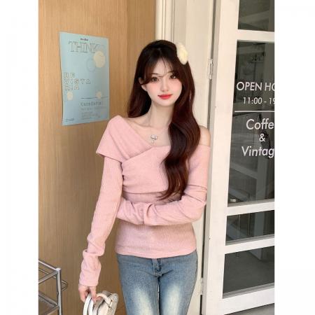 舒肤绒粉色毛衣春秋显瘦内搭一字肩高级性感针织百搭上衣女 服裝批發女裝批發服飾貨源