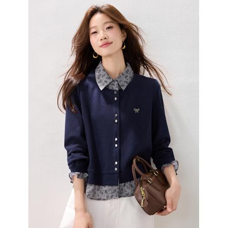 冬装新款时尚简约印花假两件拼接卫衣复古欧货上衣 服裝批發女裝批發服飾貨源
