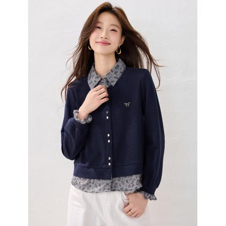 FA45381# 冬装新款时尚简约印花假两件拼接卫衣复古欧货上衣 服裝批發女裝批發服飾貨源