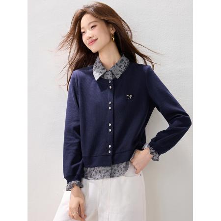 FA45381# 冬装新款时尚简约印花假两件拼接卫衣复古欧货上衣 服裝批發女裝批發服飾貨源