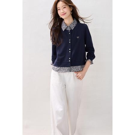FA45381# 冬装新款时尚简约印花假两件拼接卫衣复古欧货上衣 服裝批發女裝批發服飾貨源