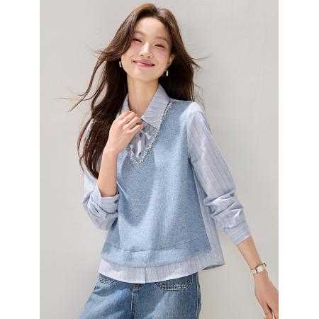 FA45383# 巴恩风高级感气质针织马甲拼接假两件衬衫女冬季新款 服裝批發女裝批發服飾貨源