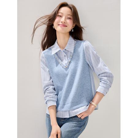 FA45383# 巴恩风高级感气质针织马甲拼接假两件衬衫女冬季新款 服裝批發女裝批發服飾貨源