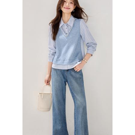 FA45383# 巴恩风高级感气质针织马甲拼接假两件衬衫女冬季新款 服裝批發女裝批發服飾貨源