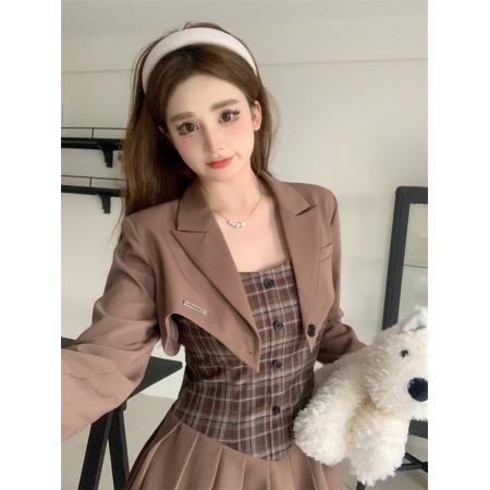 FA45385# 新款复古美式学院风棕格西装连衣裙套装甜酷显气质 服裝批發女裝批發服飾貨源