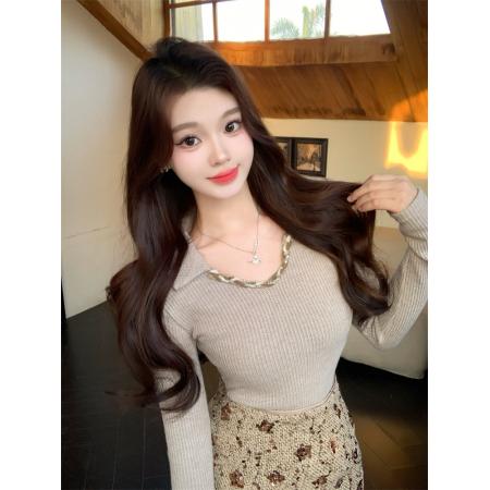 FA45387# 翻领设计感针织打底上衣重工亮片包臀裙 服裝批發女裝批發服飾貨源