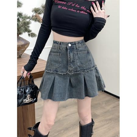 复古高腰显瘦牛仔百褶裙女秋季新款小个子辣妹A字短裙 服裝批發女裝批發服飾貨源
