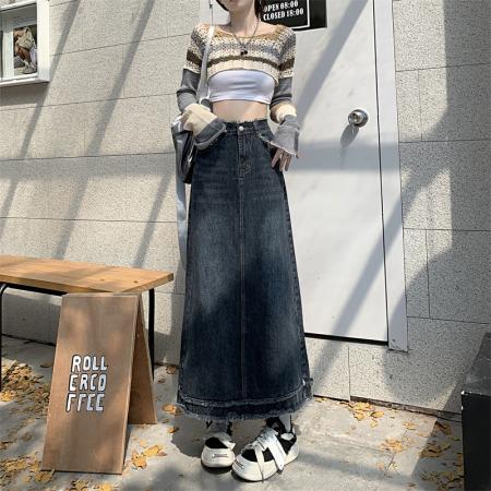 牛仔半身裙女新款早秋小个子修身显瘦高腰a字中长款裙子 服裝批發女裝批發服飾貨源
