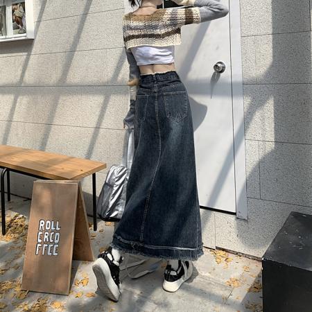 牛仔半身裙女新款早秋小个子修身显瘦高腰a字中长款裙子 服裝批發女裝批發服飾貨源