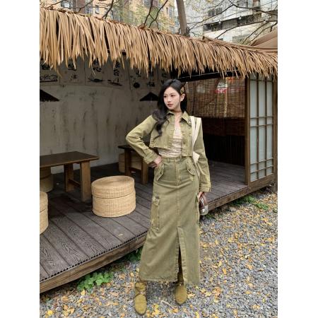 牛仔套装女秋季小香风时髦洋气短外套+高腰中长裙子两件套 服裝批發女裝批發服飾貨源
