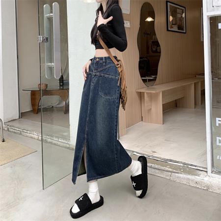 复古开叉牛仔半身裙女春秋新款a字高腰遮胯梨型身材中长裙子 服裝批發女裝批發服飾貨源