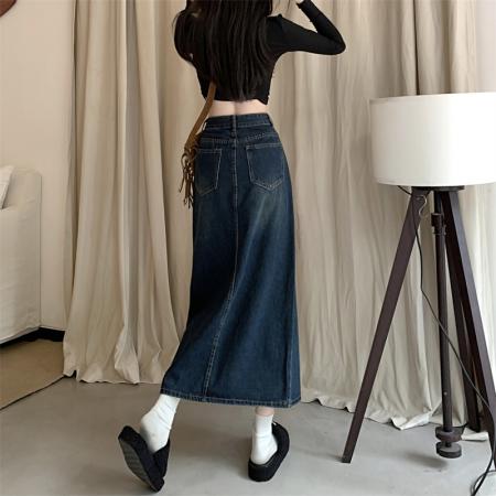 复古开叉牛仔半身裙女春秋新款a字高腰遮胯梨型身材中长裙子 服裝批發女裝批發服飾貨源