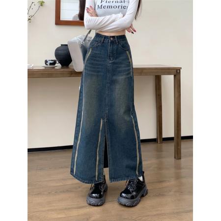 高腰设计感牛仔半身裙女新款早秋遮胯a字中长款包臀裙子 服裝批發女裝批發服飾貨源