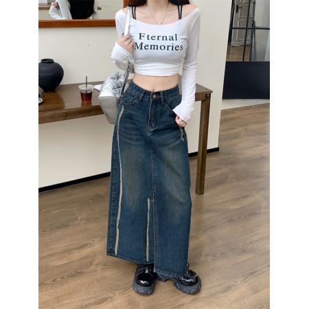 高腰设计感牛仔半身裙女新款早秋遮胯a字中长款包臀裙子 服裝批發女裝批發服飾貨源