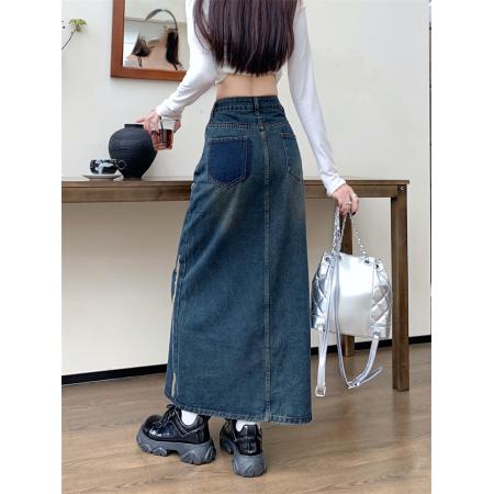 高腰设计感牛仔半身裙女新款早秋遮胯a字中长款包臀裙子 服裝批發女裝批發服飾貨源