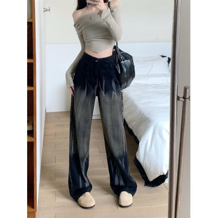 渐变色直筒牛仔裤女装早秋新款高腰显瘦高街潮阔腿裤子 服裝批發女裝批發服飾貨源