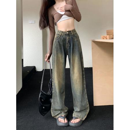 怀旧复古美式阔腿牛仔裤女宽松高腰新款垂感直筒拖地裤子 服裝批發女裝批發服飾貨源