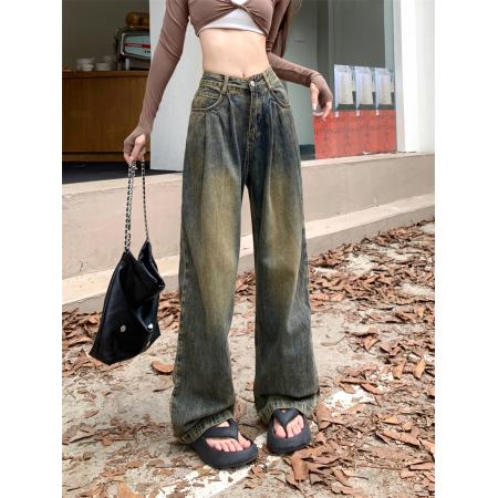 怀旧复古美式阔腿牛仔裤女宽松高腰新款垂感直筒拖地裤子 服裝批發女裝批發服飾貨源
