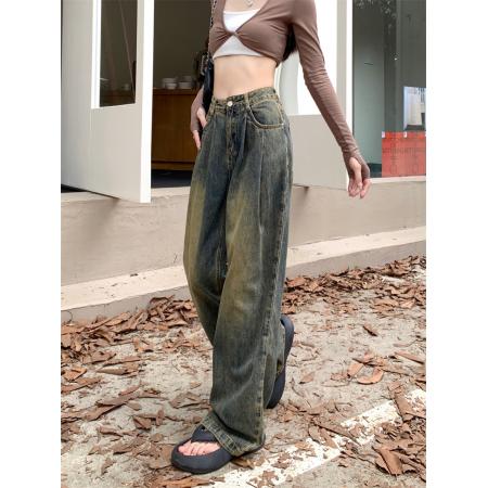怀旧复古美式阔腿牛仔裤女宽松高腰新款垂感直筒拖地裤子 服裝批發女裝批發服飾貨源