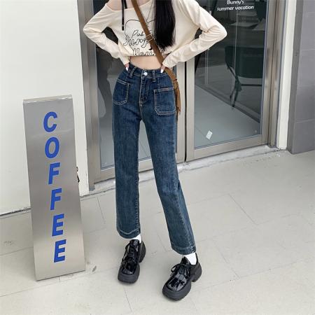 黑色烟管直筒牛仔裤女早秋新款高腰显瘦七八九分法棍裤 服裝批發女裝批發服飾貨源