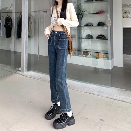 黑色烟管直筒牛仔裤女早秋新款高腰显瘦七八九分法棍裤 服裝批發女裝批發服飾貨源