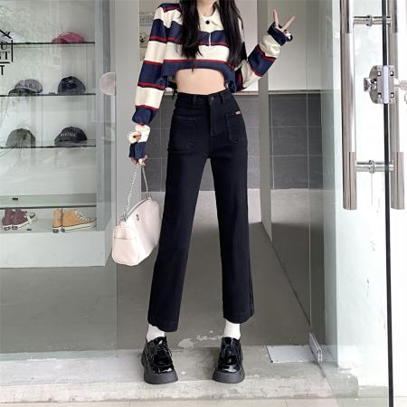 黑色烟管直筒牛仔裤女早秋新款高腰显瘦七八九分法棍裤 服裝批發女裝批發服飾貨源