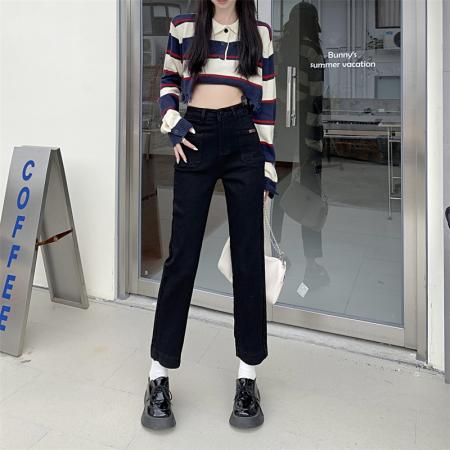 黑色烟管直筒牛仔裤女早秋新款高腰显瘦七八九分法棍裤 服裝批發女裝批發服飾貨源