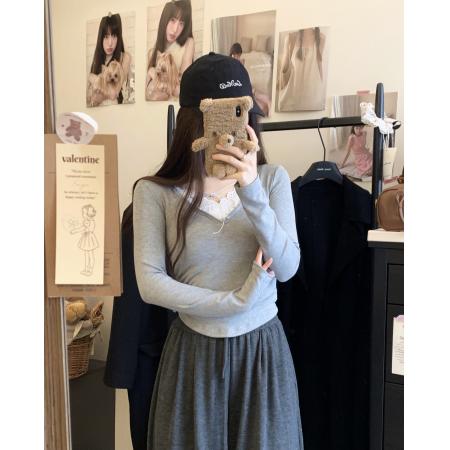 FA45400# 自带胸垫蕾丝花边磨毛长袖T恤女秋冬修身显瘦内搭上衣 服裝批發女裝批發服飾貨源