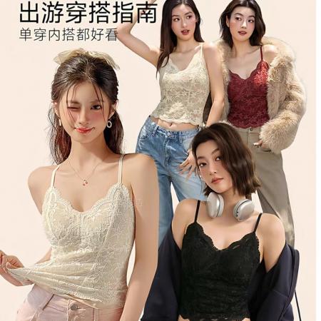 蕾丝磨毛吊带背心保暖内衣女带胸垫新款爆款秋冬内搭打底上衣 服裝批發女裝批發服飾貨源