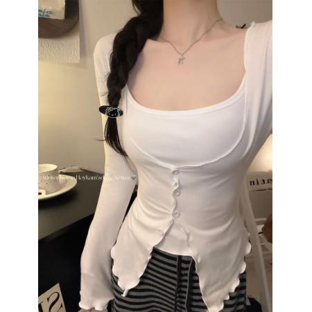FA45405# 初秋新款甜美套装木耳边长袖开衫叠穿女方领背心固定带胸垫 服裝批發女裝批發服飾貨源
