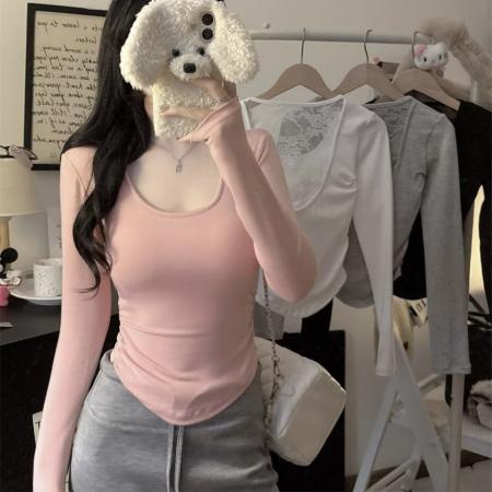 FA45408# 早秋新款纯欲性感蕾丝露背正肩长袖女修身百搭一体式带胸垫 服裝批發女裝批發服飾貨源