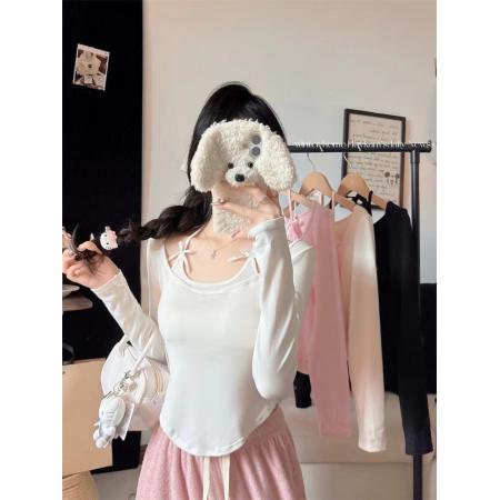FA45409# 欧美风女时尚秋季欧美纯色挂脖系带长袖蝴蝶结上衣T恤带胸垫 服裝批發女裝批發服飾貨源