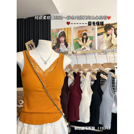 蕾丝边吊带背心女新款秋冬磨毛保暖内搭打底衫带胸垫无袖上衣 服裝批發女裝批發服飾貨源