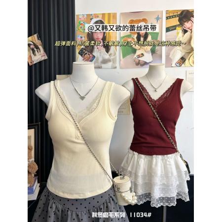蕾丝边吊带背心女新款秋冬磨毛保暖内搭打底衫带胸垫无袖上衣 服裝批發女裝批發服飾貨源