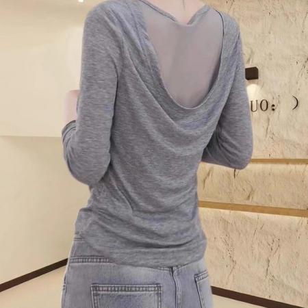 韩系气质后背网纱拼接长袖t恤女早秋季修身打底上衣 服裝批發女裝批發服飾貨源