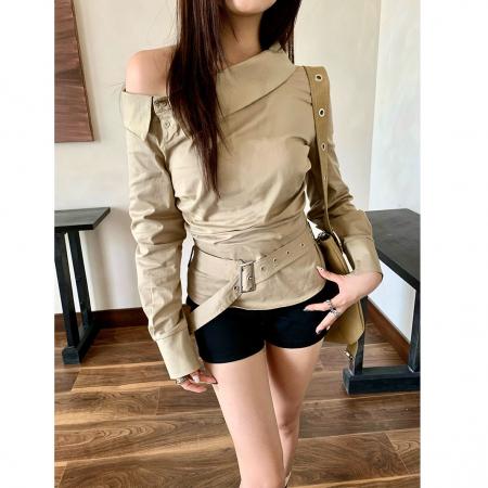 复古斜肩长袖衬衫女秋季褶皱修身收腰衬衣显瘦上衣 服裝批發女裝批發服飾貨源