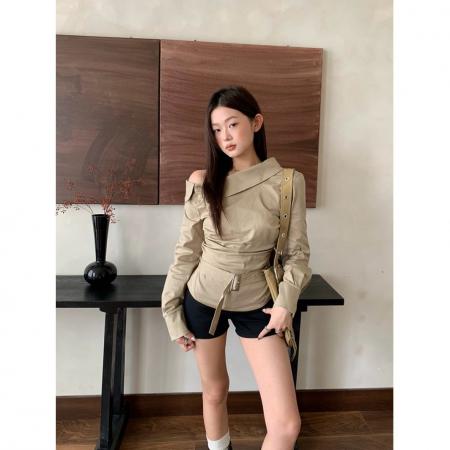 FA45422# 复古斜肩长袖衬衫女秋季褶皱修身收腰衬衣显瘦上衣 服裝批發女裝批發服飾貨源